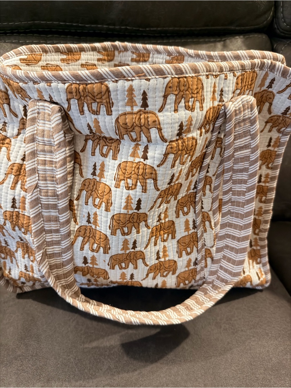 Quilted Elephant Print Tote Bag in Cream and Tan by Karma Highway